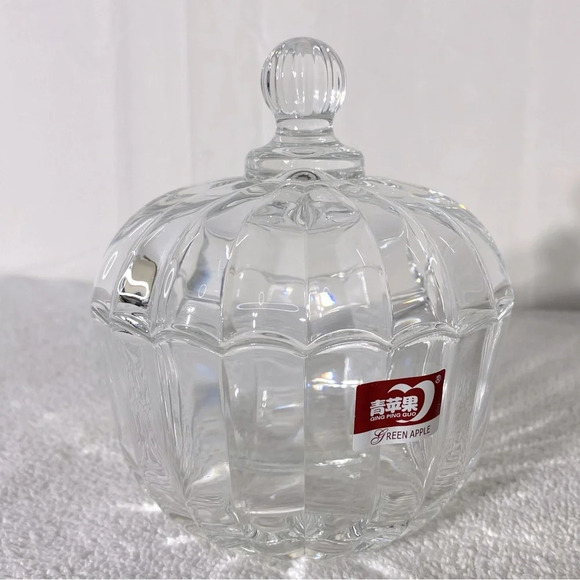 Vintage Deli Qing Ping Guo Green Apple Clear  Glass Trinket Dish & Lid - Picture 4 of 16